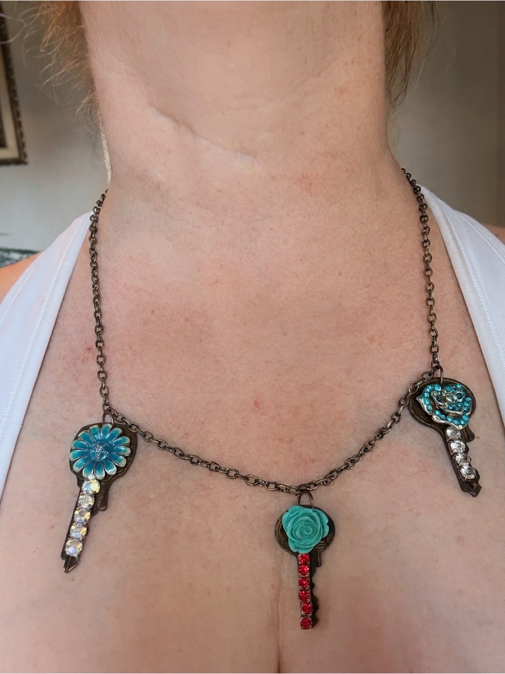 Turquoise Floral Key Charm Necklace - Women Jewelry
